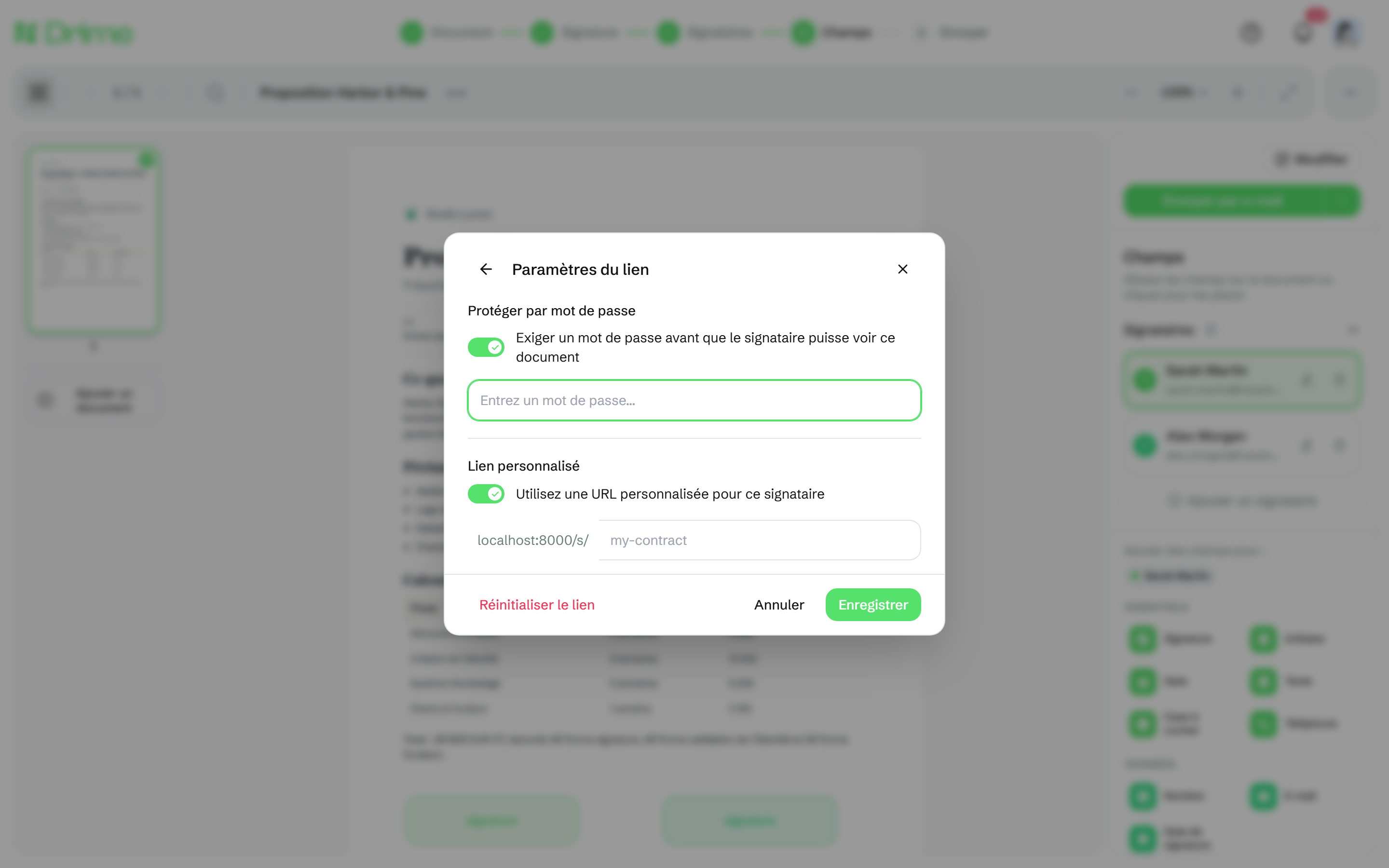 Paramètres du lien avec Lien personnalisé et Protéger par mot de passe activés