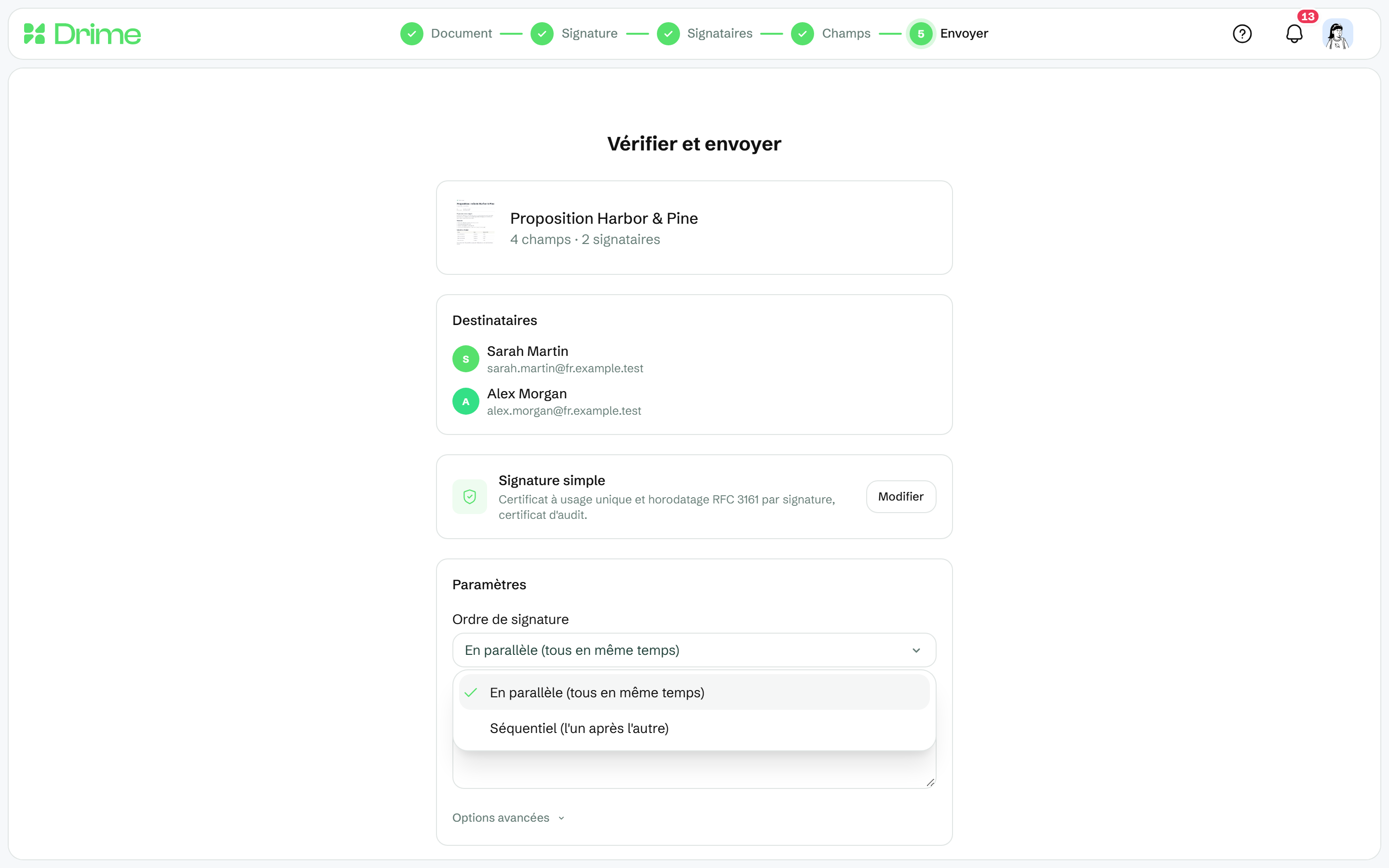 Le cadre Paramètres de Vérifier et envoyer avec la liste Ordre de signature ouverte sur En parallèle (tous en même temps) et Séquentiel (l'un après l'autre)